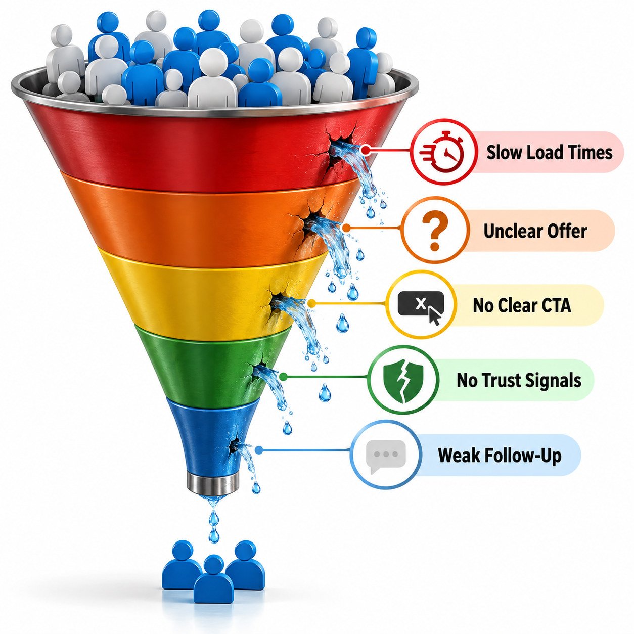Diagram showing where visitors typically drop off in a website conversion funnel: slow load, unclear offer, no CTA, no trust signals, weak follow-up