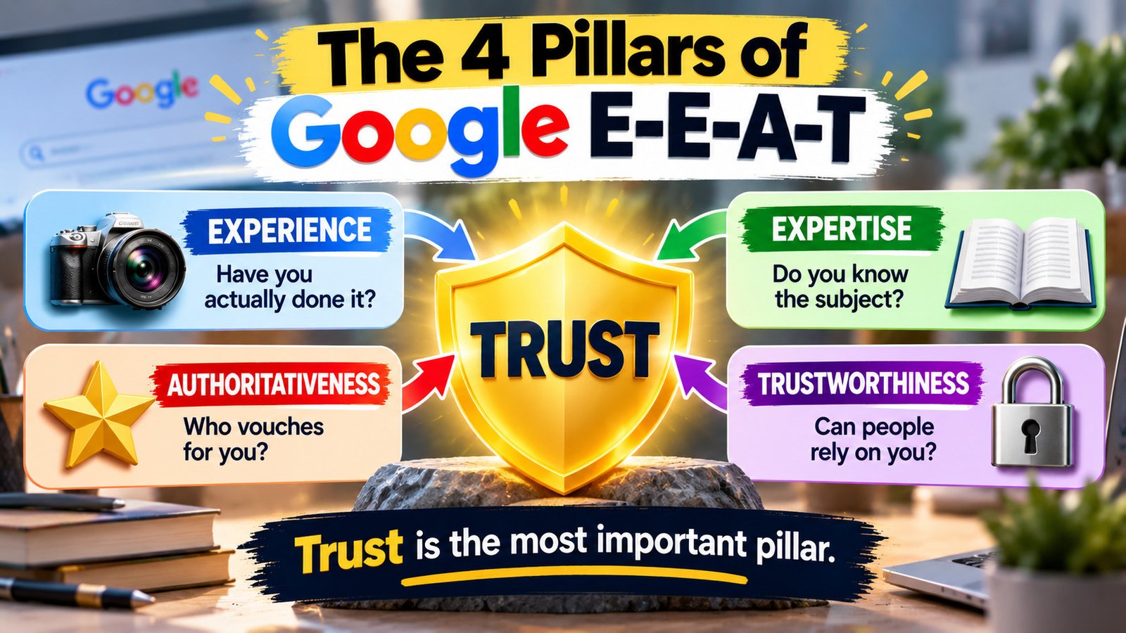 Infographic showing the four pillars of Google E-E-A-T: Experience, Expertise, Authoritativeness and Trustworthiness, with trust at the center