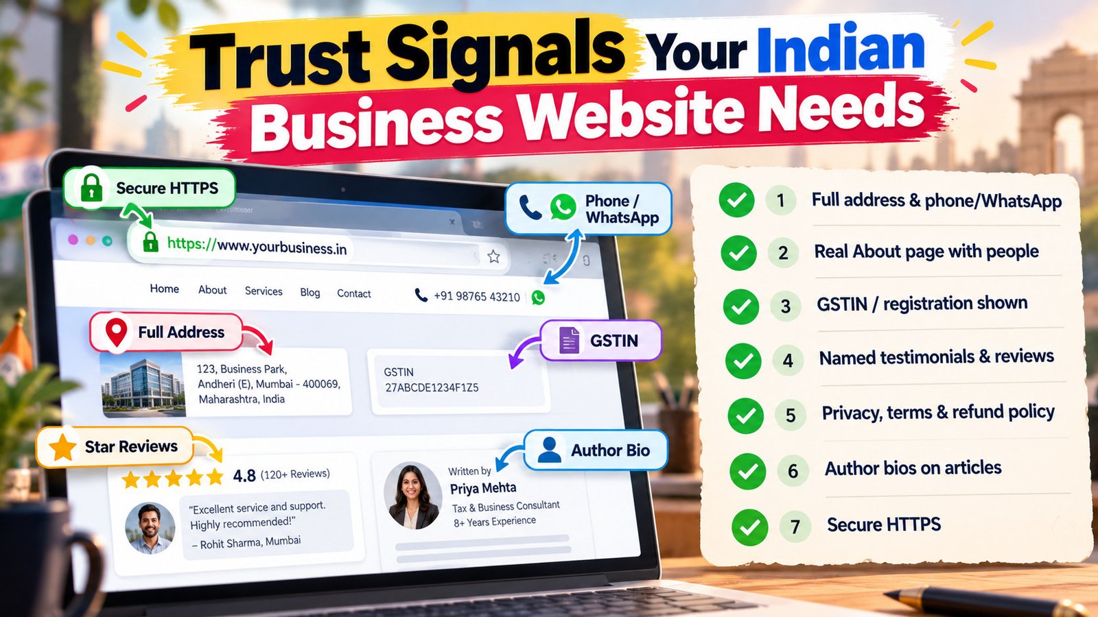 Checklist infographic of trust signals an Indian business website should show, including address, GSTIN, reviews, author bios and HTTPS